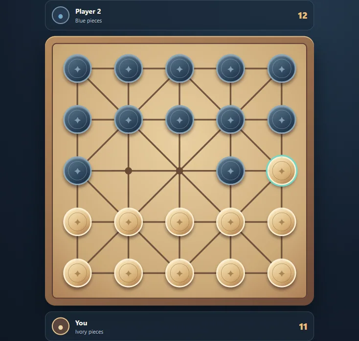 Actual Alquerque gameplay, board position 1 after native moves.