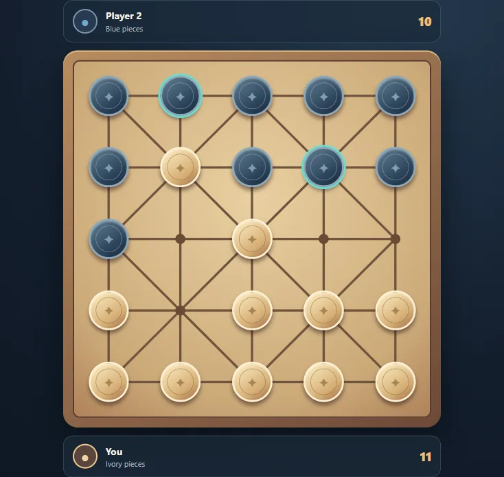 Actual Alquerque gameplay, board position 2 after native moves.