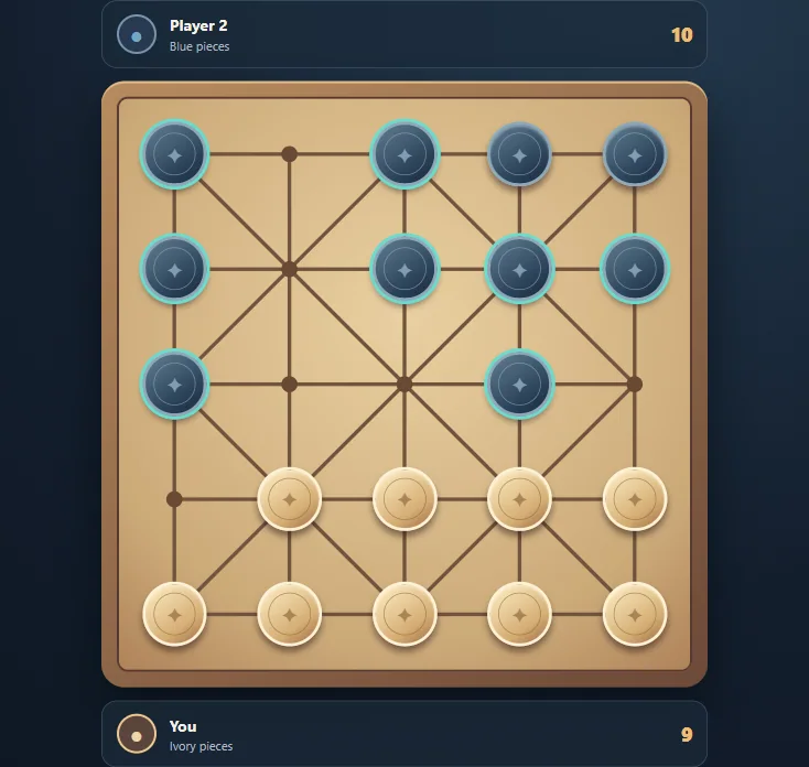 Actual Alquerque gameplay, board position 3 after native moves.