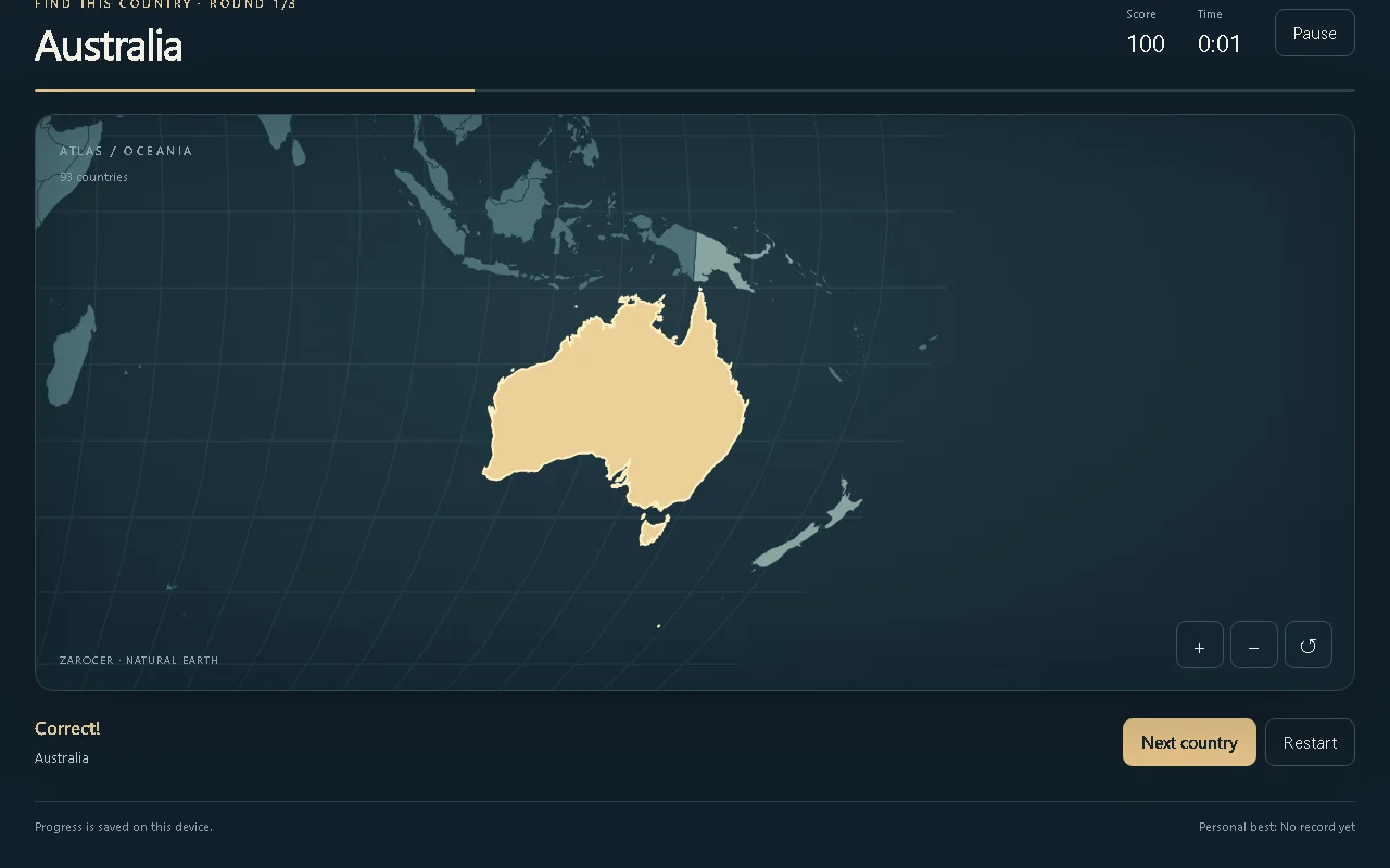 Atlas Sprint: World Map Geography Game: Australia highlighted on the world map