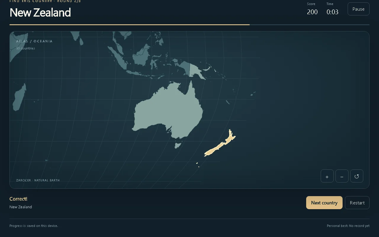 Atlas Sprint: World Map Geography Game: New Zealand highlighted on the map