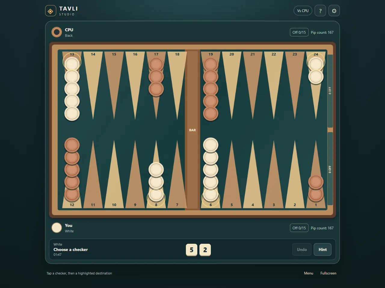 English Backgammon game showing the classic board.