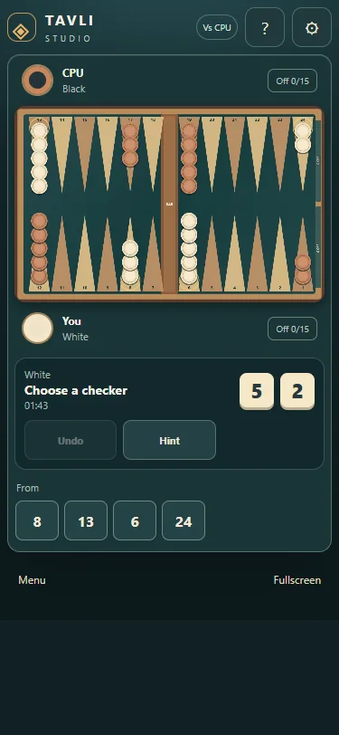Mobile Backgammon layout with source and destination buttons.