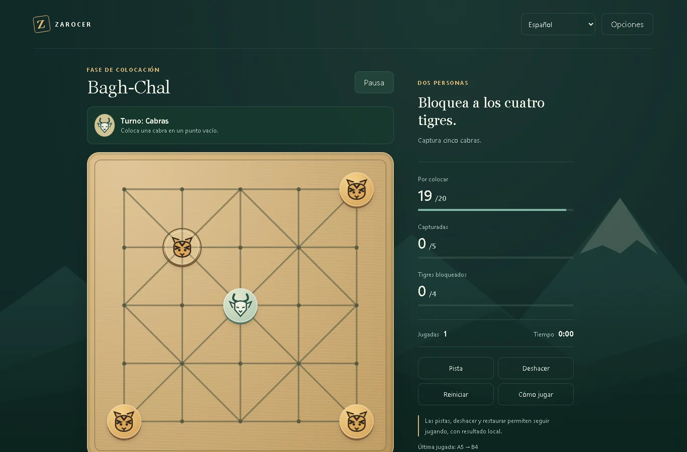 Bagh-Chal: Tigers & Goats: Board opening with corner tigers and one placed goat