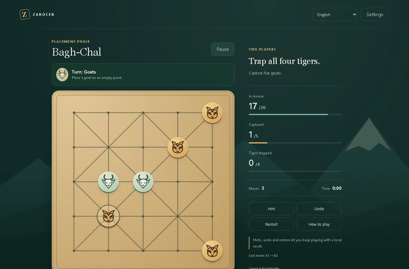 Bagh-Chal: Tigers & Goats: Board with three goats and turn controls