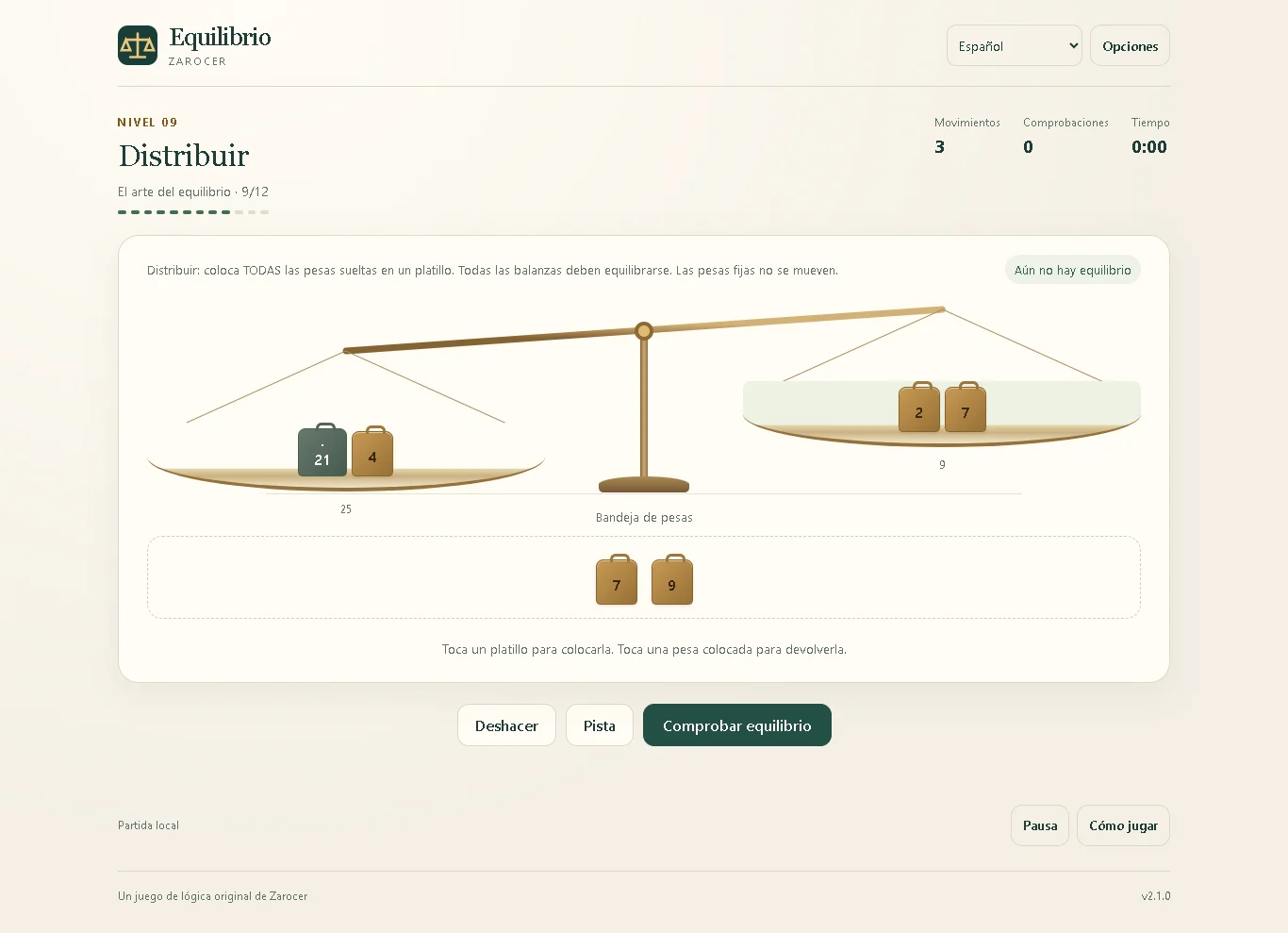 Equilibrio: Weight-distribution puzzle on a balance scale