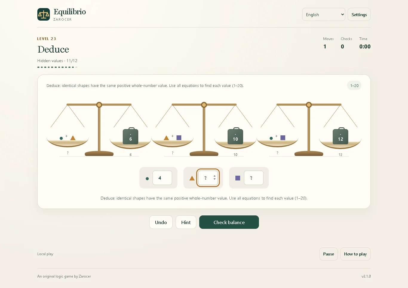 Equilibrio: Deduction puzzle with hidden values