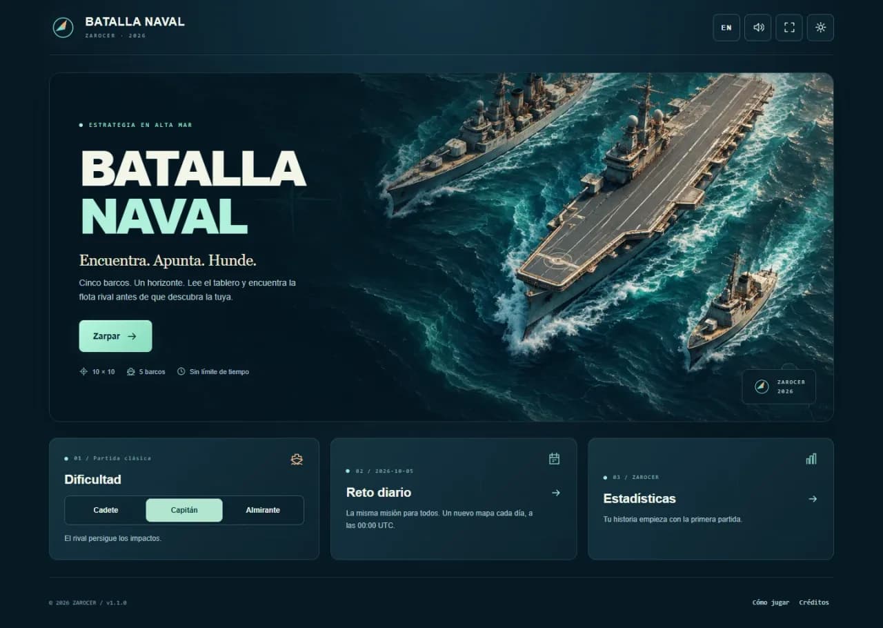The Spanish Batalla Naval menu with difficulty choices and the daily challenge.