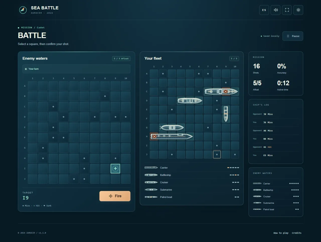 Sea Battle in English showing target selection, the player’s ship silhouettes and the shot log.