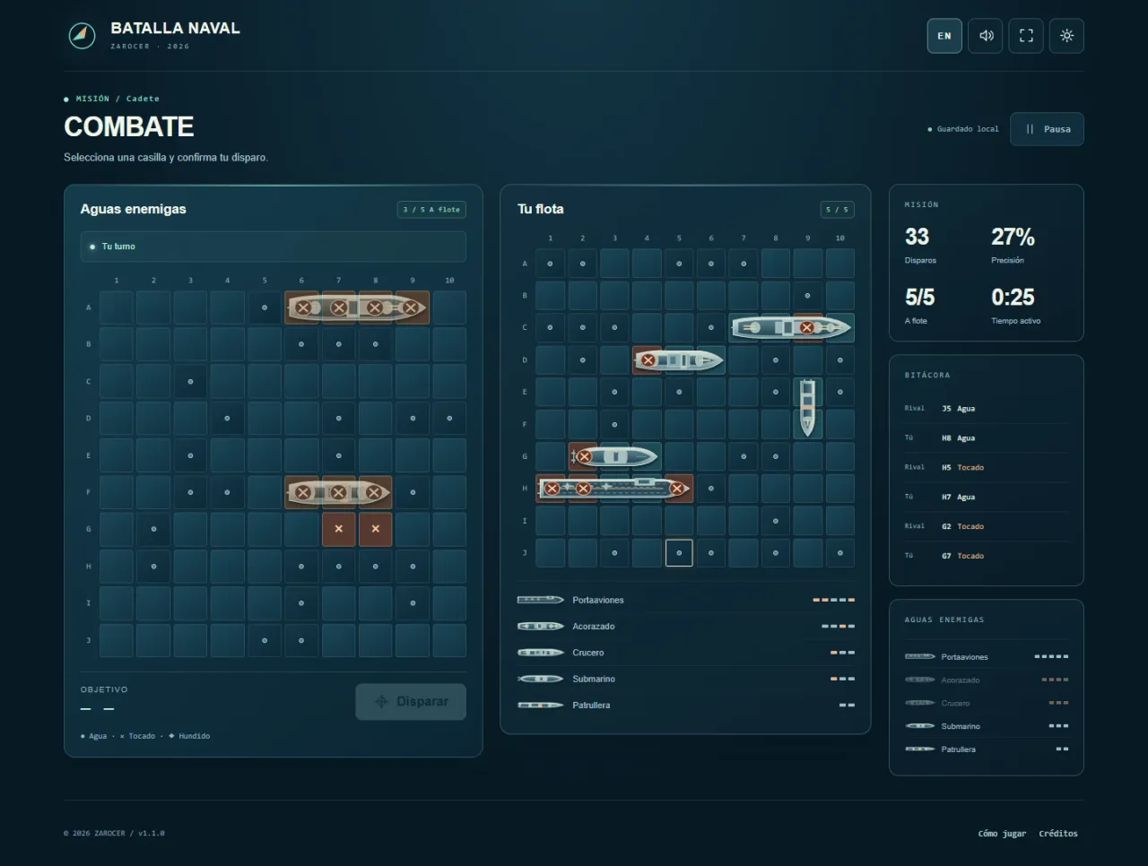An advanced Batalla Naval match showing recorded shots and sunk ships.
