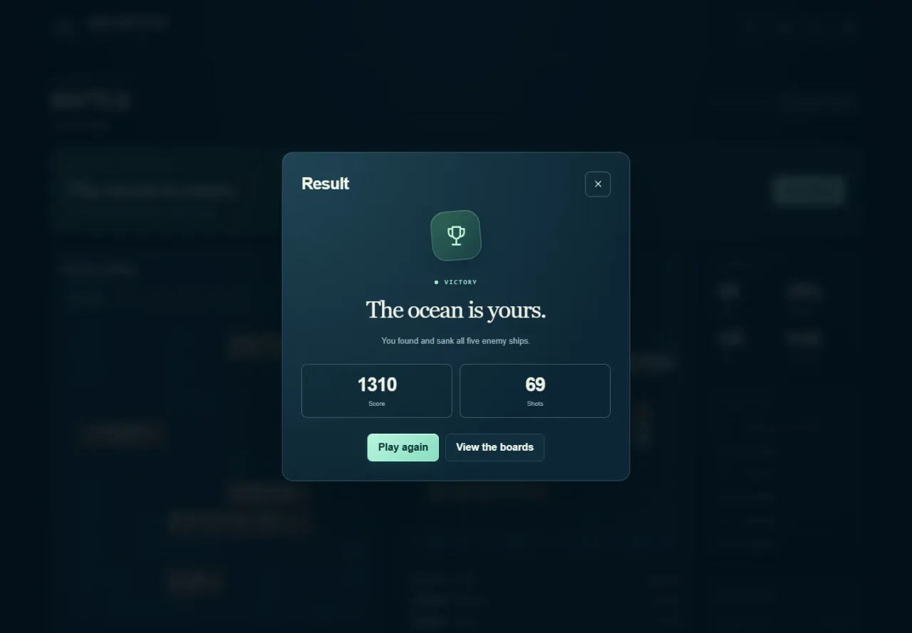 A Sea Battle match result with the score and a play-again option.