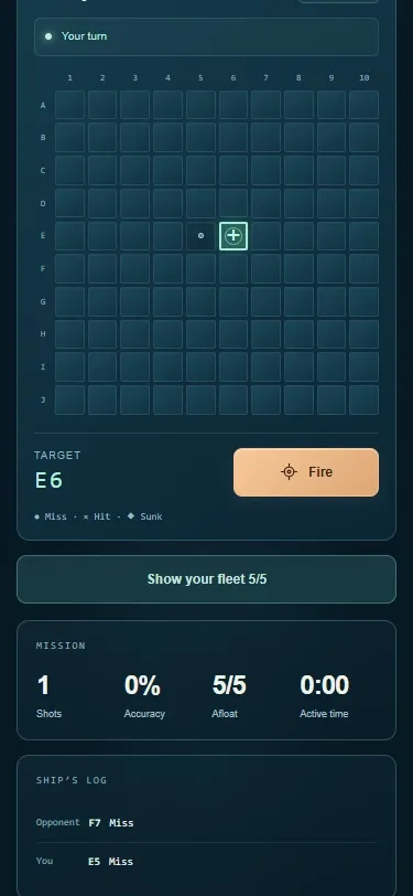 Sea Battle at 375 pixels wide with a target selector and Fire button.