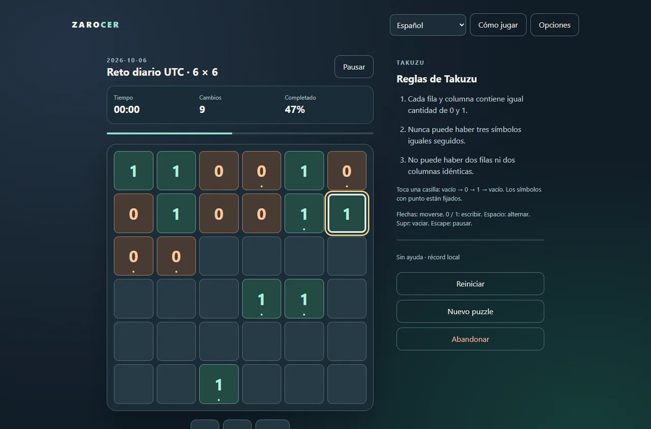 Binario Takuzu daily 6×6 zeros and ones board