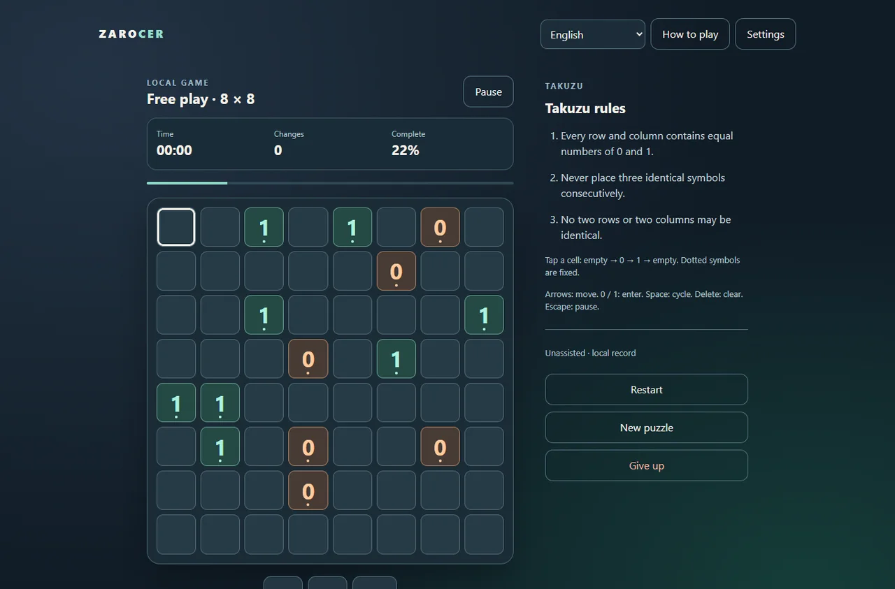 Binario Takuzu game on an 8×8 board
