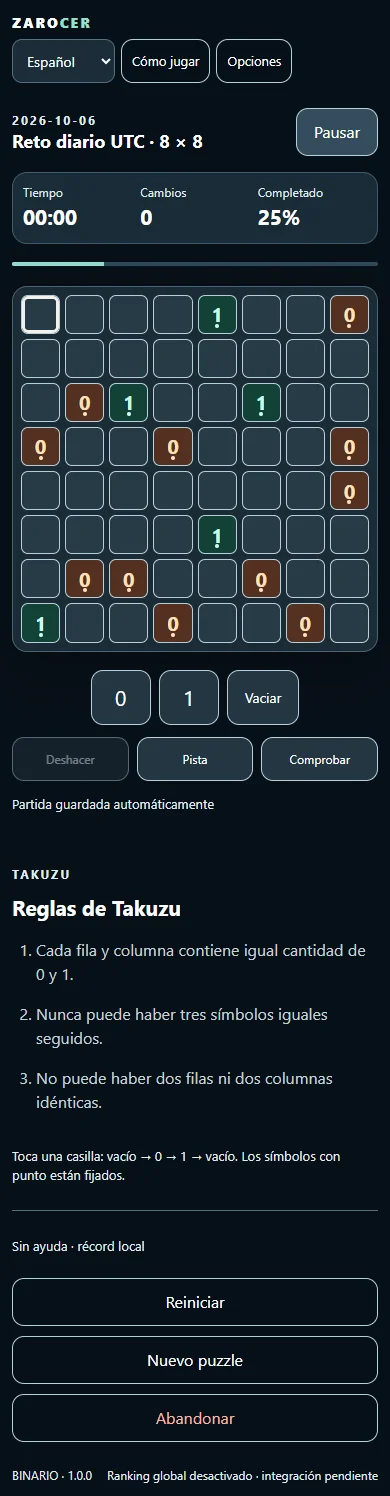 Binario Takuzu mobile board and controls