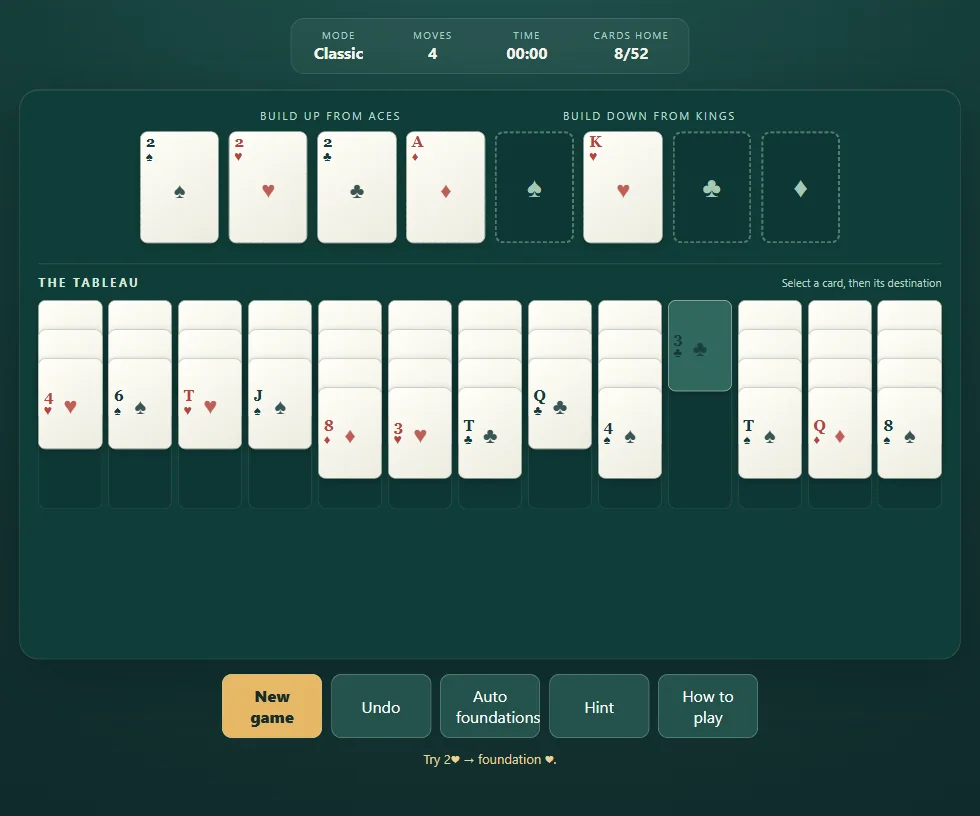 Actual Bisley Solitaire gameplay, position 1 with fans or columns and visible foundations.