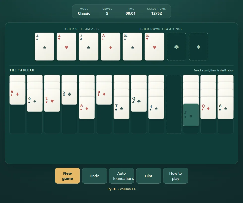 Actual Bisley Solitaire gameplay, position 2 with fans or columns and visible foundations.