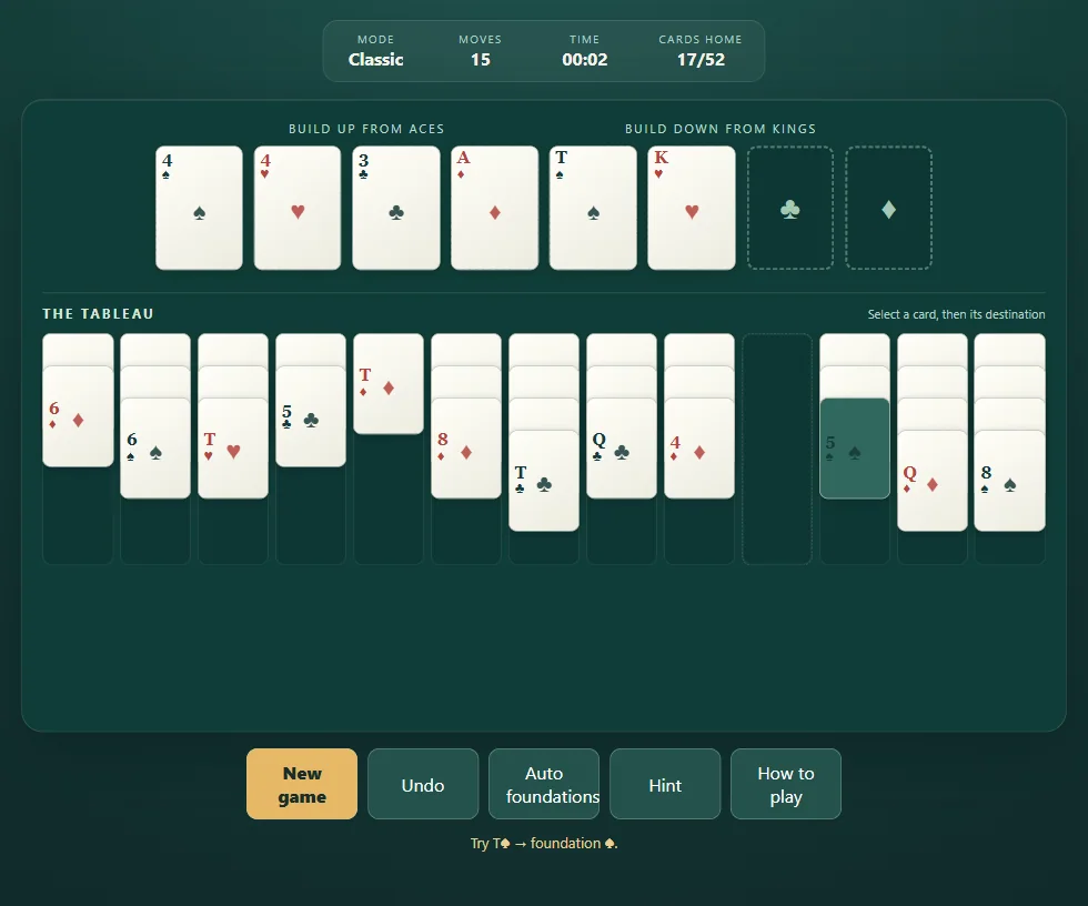 Actual Bisley Solitaire gameplay, position 3 with fans or columns and visible foundations.