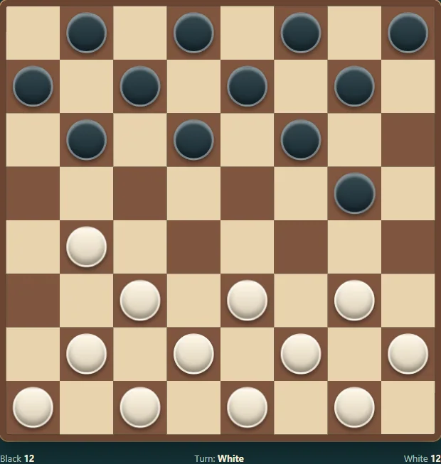 Actual Brazilian Draughts gameplay, board position 1 after native moves.