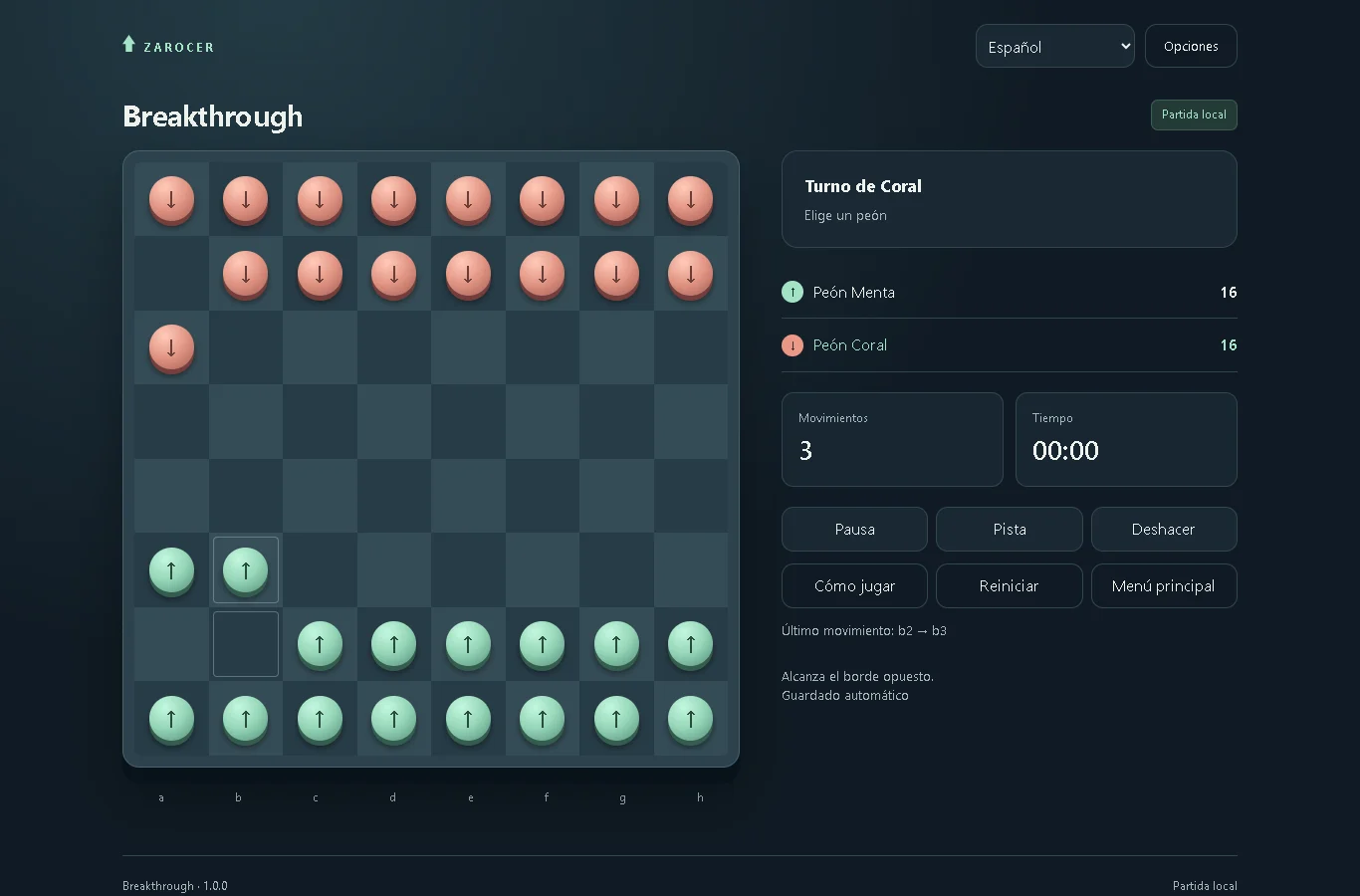 Breakthrough: Mint and Coral pawns on the Breakthrough board