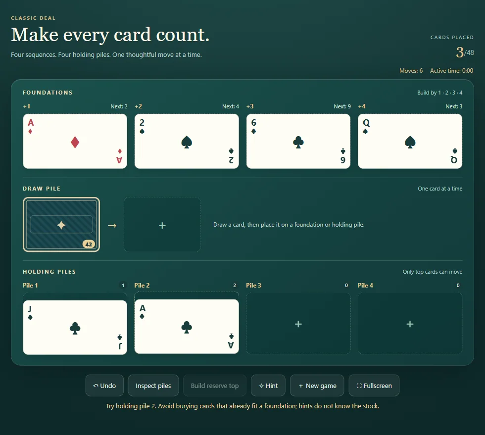 Calculation Solitaire board, position 1 in actual gameplay with dealt cards and visible foundations.