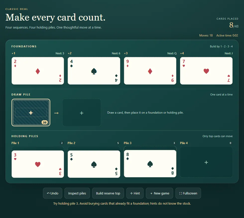 Calculation Solitaire board, position 3 in actual gameplay with dealt cards and visible foundations.