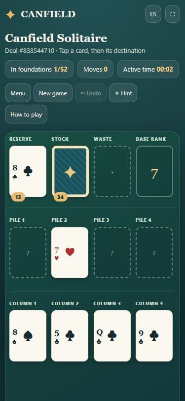 Canfield Solitaire game on a mobile screen.
