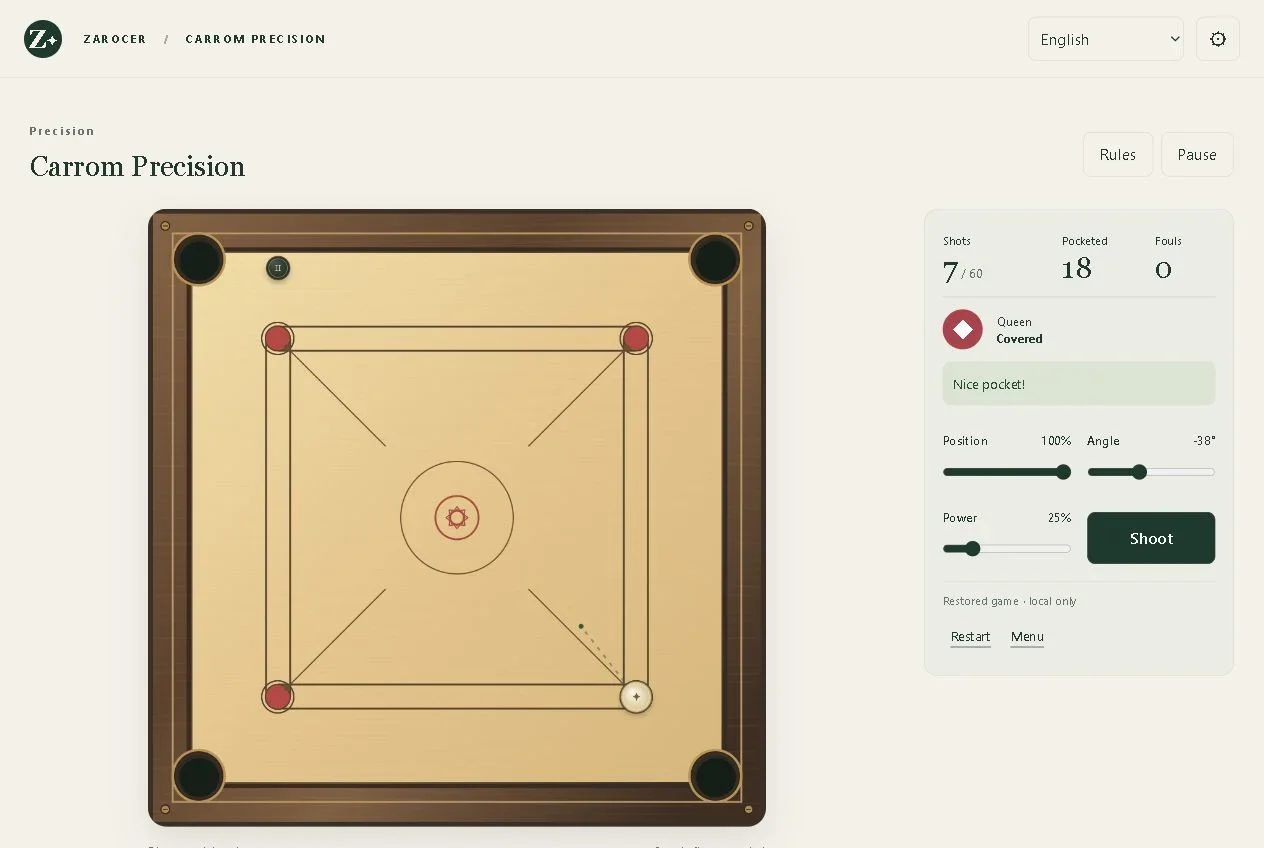 Carrom Precision: Carrom board with position, angle and power controls