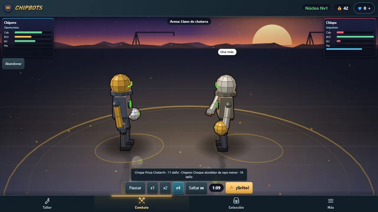 Real robot battle with health bars and playback controls.