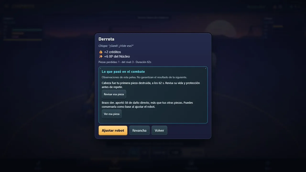 Duel result with damage diagnosis and lost parts.