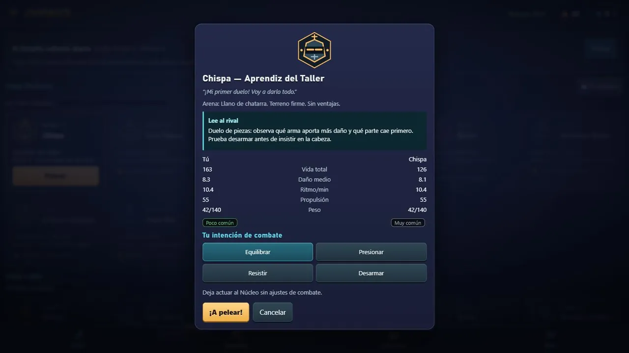 Chispa preview with robot comparison and four battle plans.