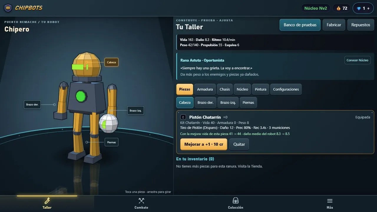 Chipbots workshop showing a modular robot and selected part stats.