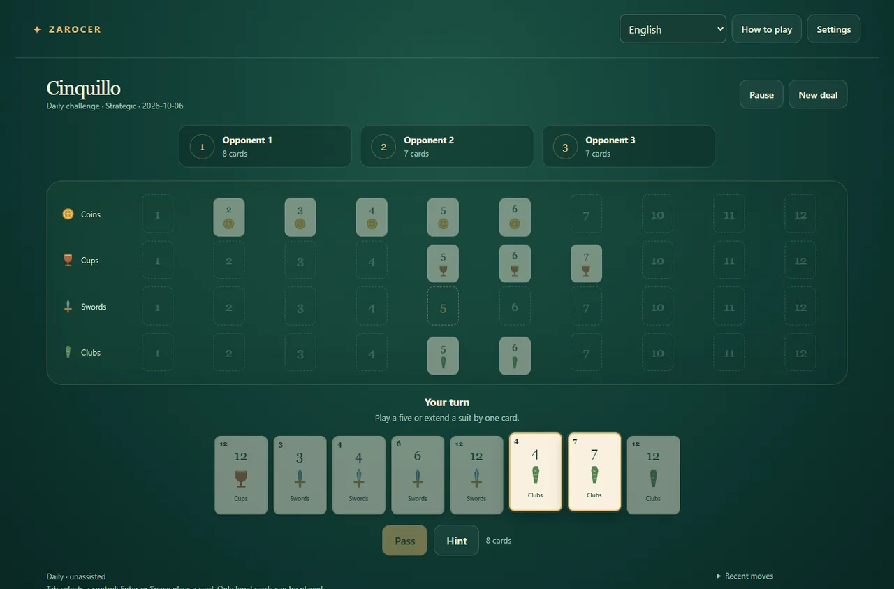 Cinquillo: Suit sequences with cards placed