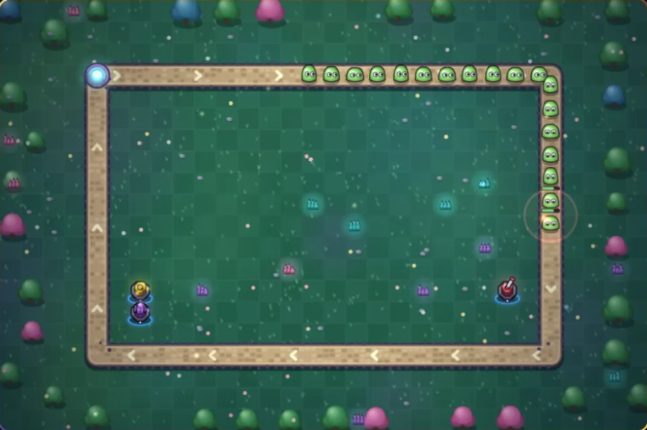 Circle TD battle with an AI ally’s towers and enemies moving around the loop.