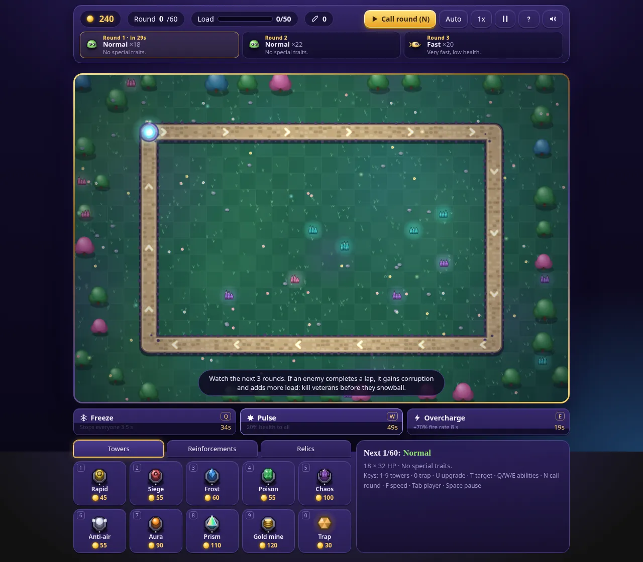 Circle TD desktop board with a closed road and tower selection.