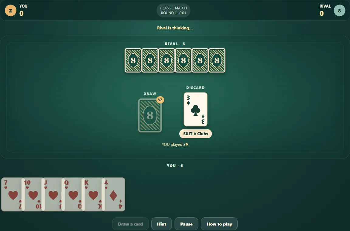 Actual Crazy Eights gameplay, position 1 with the player’s hand visible and opponents’ cards concealed.