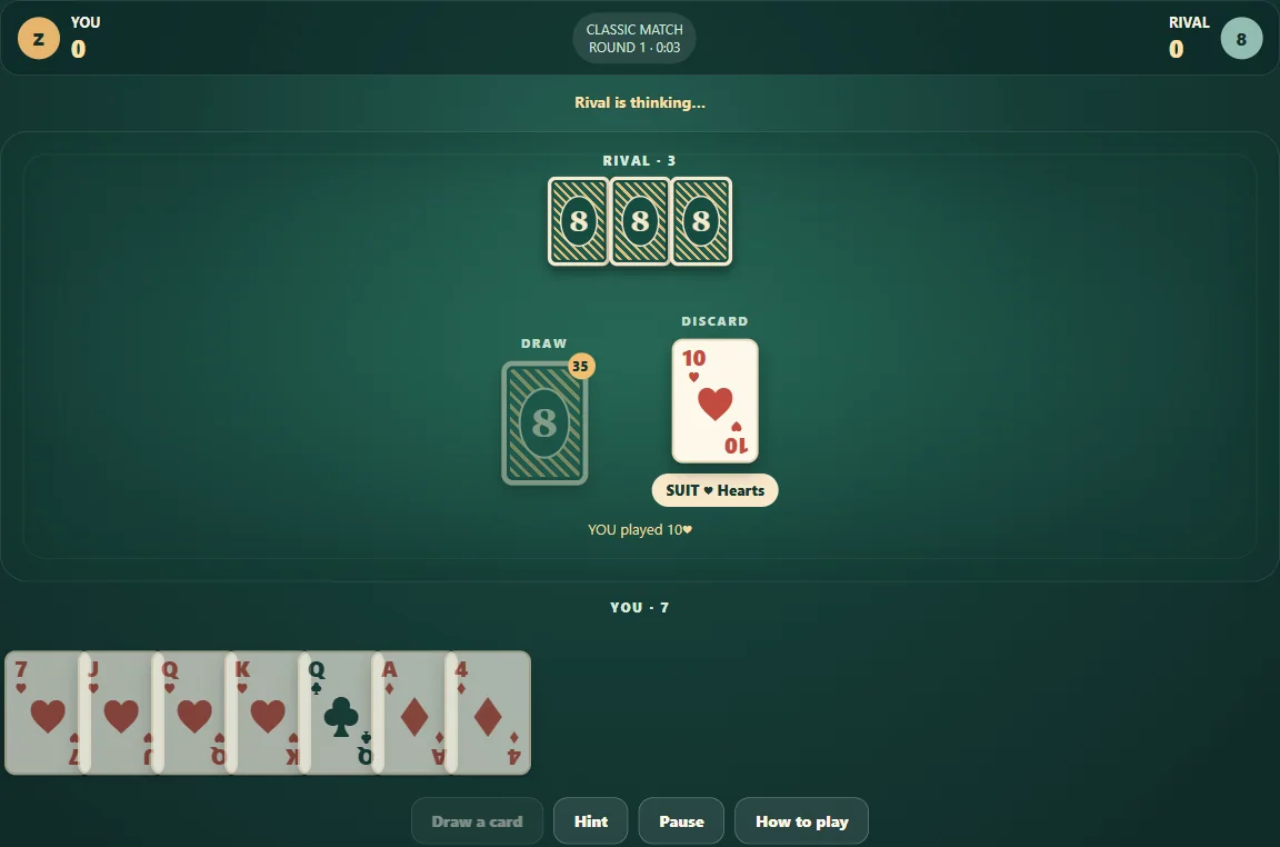 Actual Crazy Eights gameplay, position 2 with the player’s hand visible and opponents’ cards concealed.