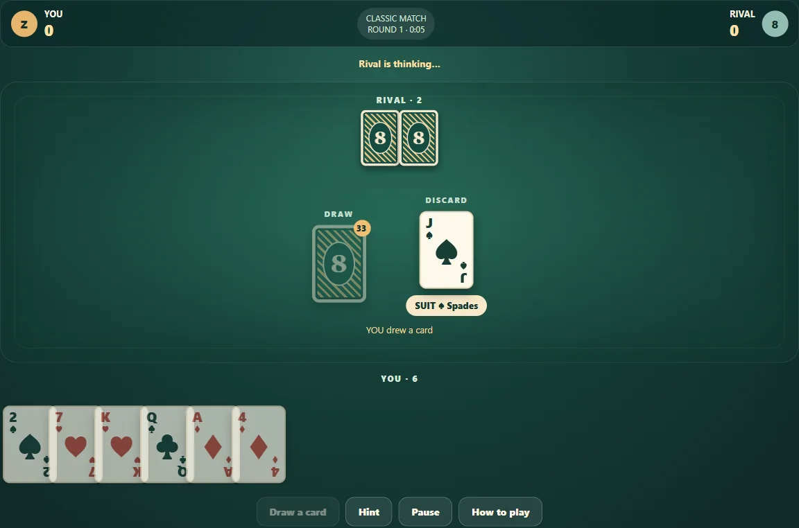 Actual Crazy Eights gameplay, position 3 with the player’s hand visible and opponents’ cards concealed.
