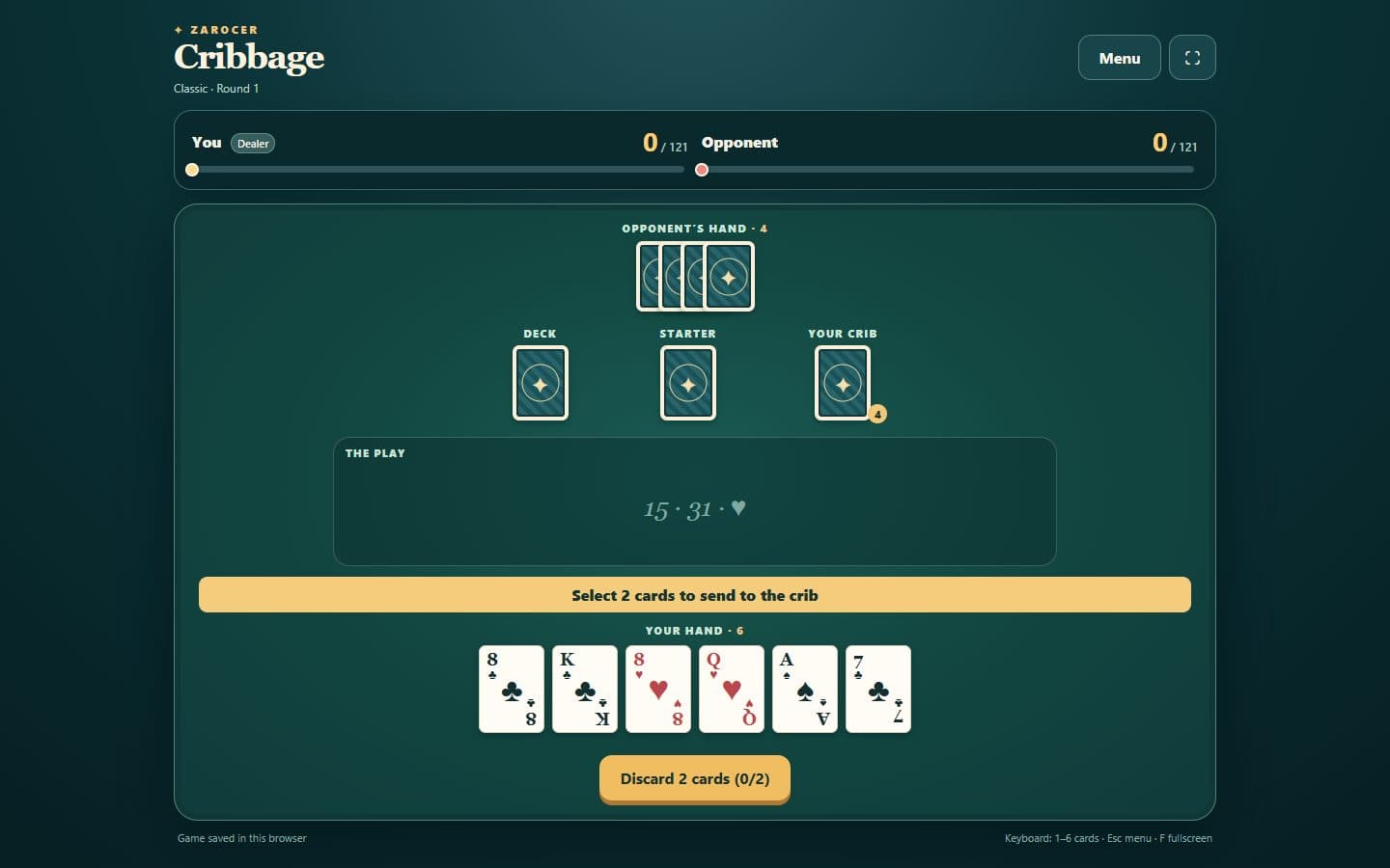 Opening Cribbage game in English.
