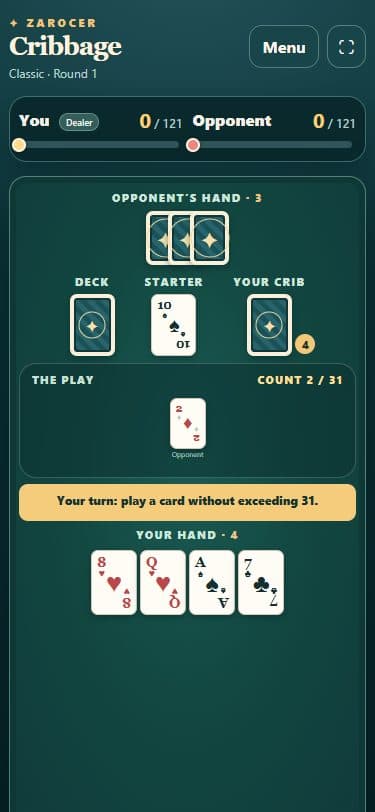 Cribbage on a mobile screen.