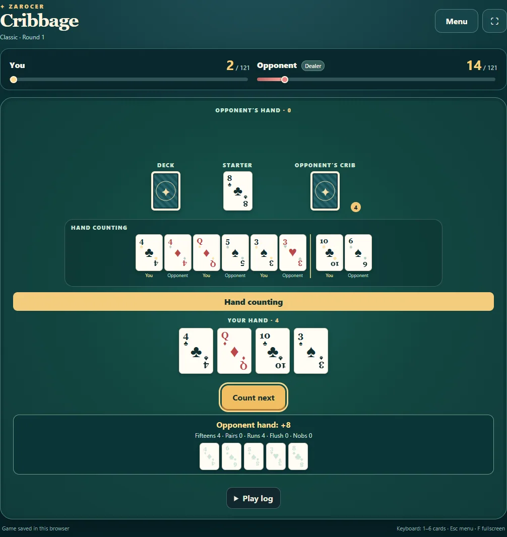 Cribbage showing the opponent hand scoring eight points