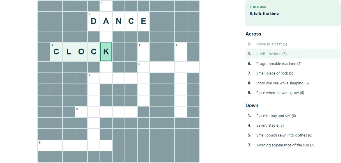 Daily Crossword with DANCE and CLOCK entered