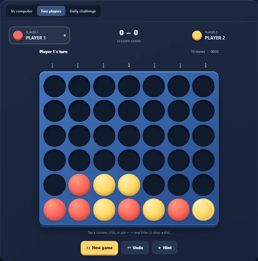 Four in a Row with discs spread across all seven columns