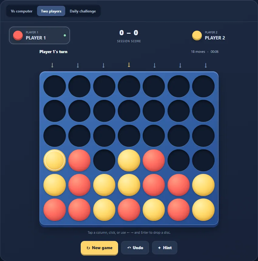 Four in a Row middle game with developing diagonal lines