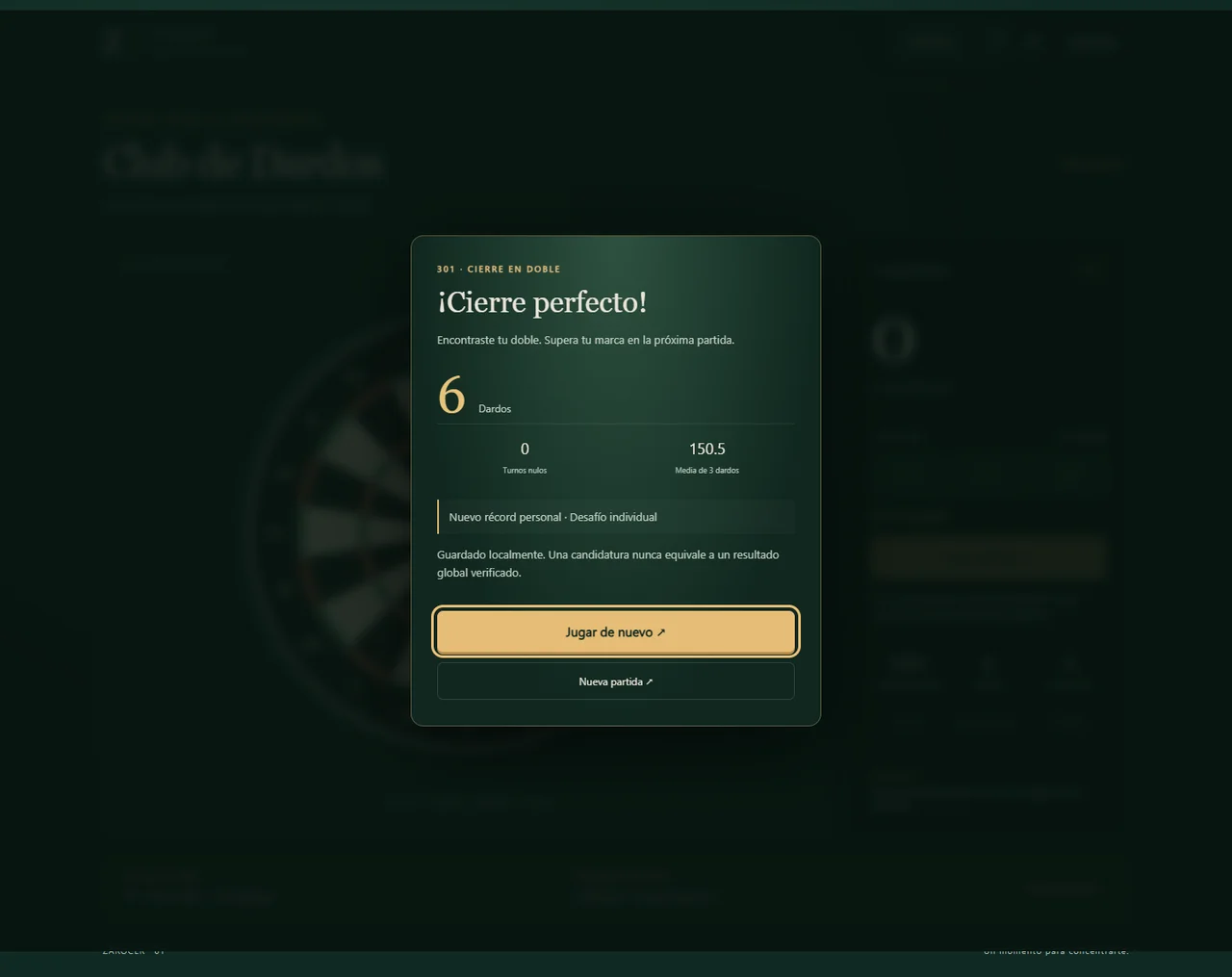 Darts Club checkout result
