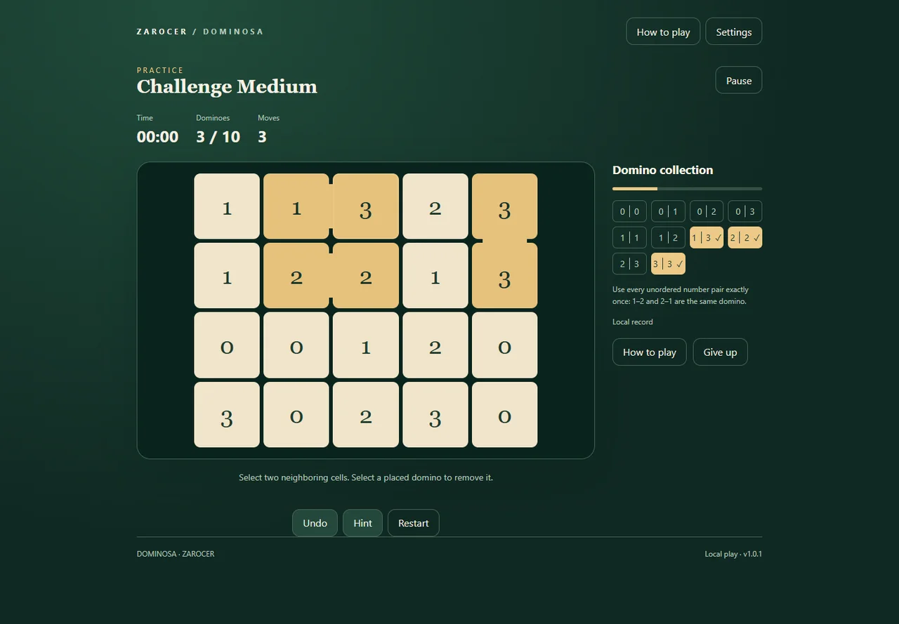 Dominosa number pairs placed during a puzzle