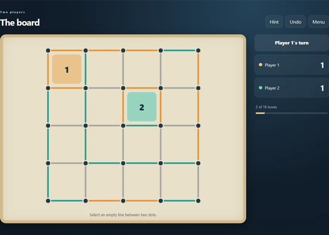 Dots and Boxes with 2 of 16 boxes claimed, both players’ edges and score counters.