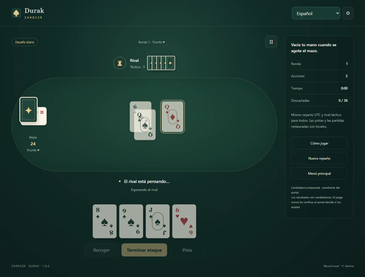 Durak: Cards on the table and the player’s hand