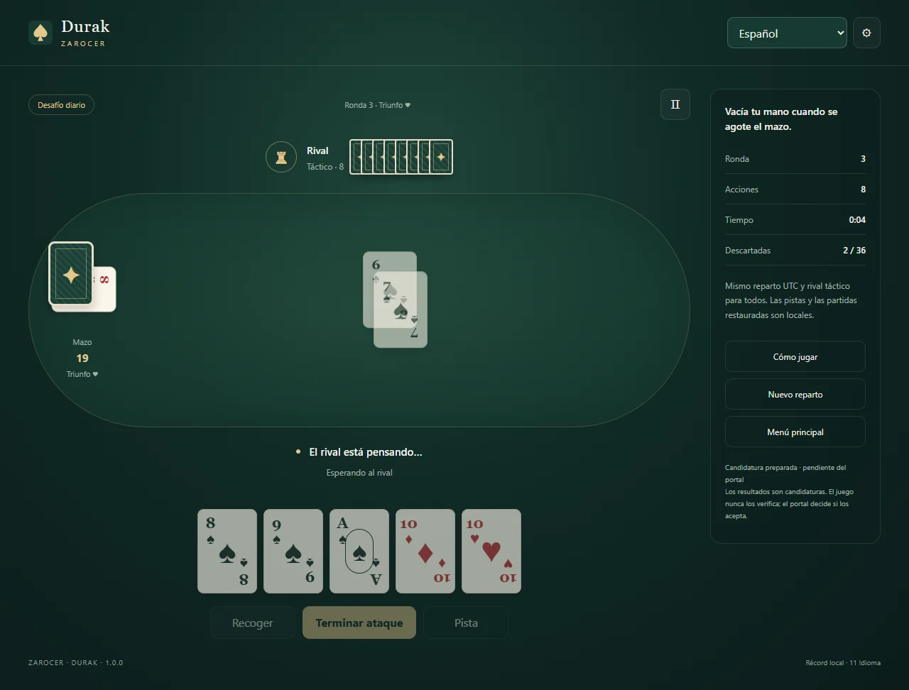 Durak: Attacking cards and defences on the table