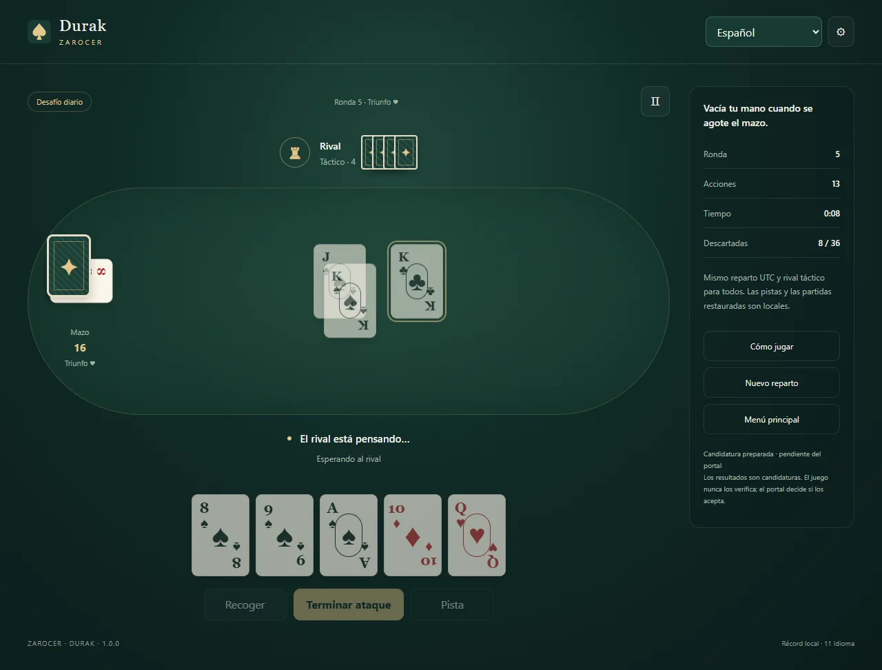 Durak: Hand and controls during a computer match